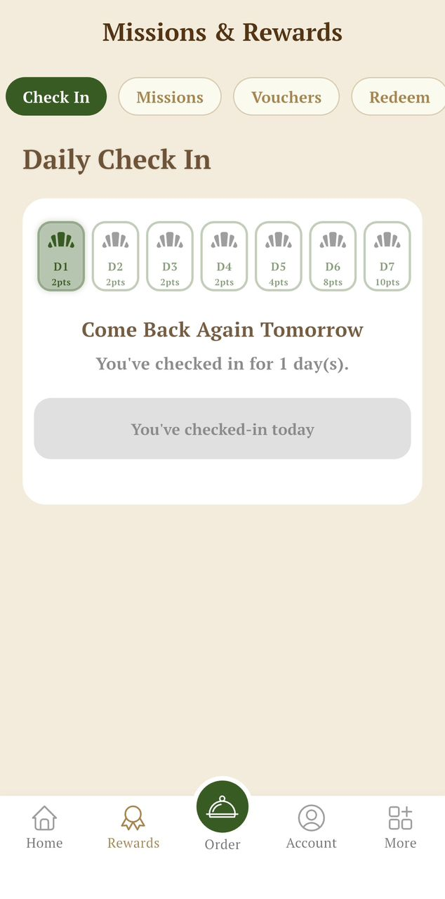 Daily check-in rewards screen