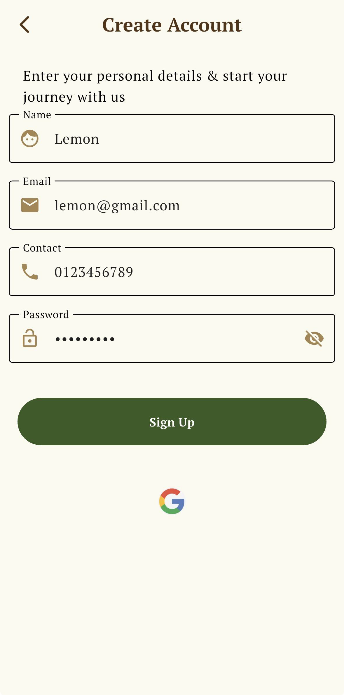 Create account form screen