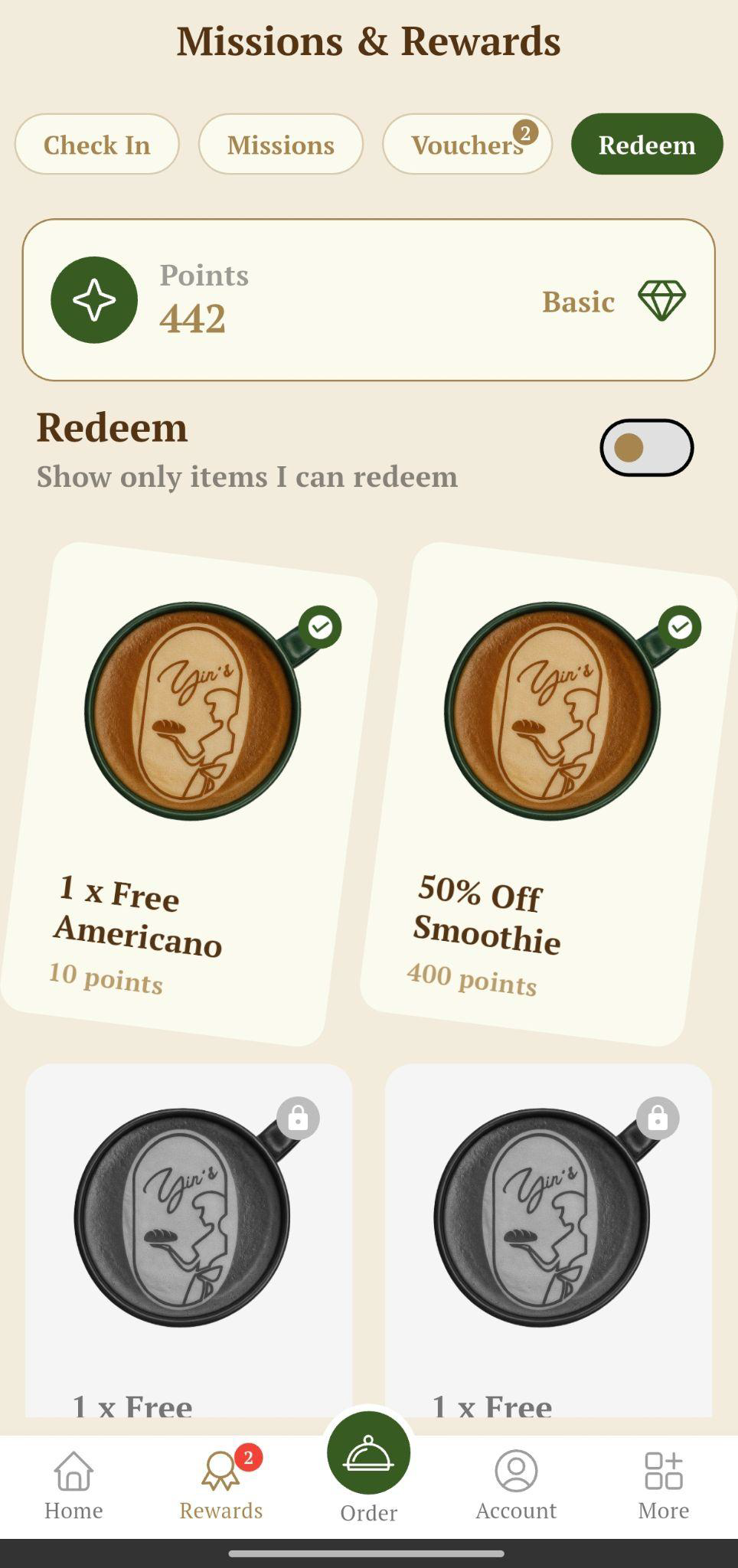 Redeem rewards screen